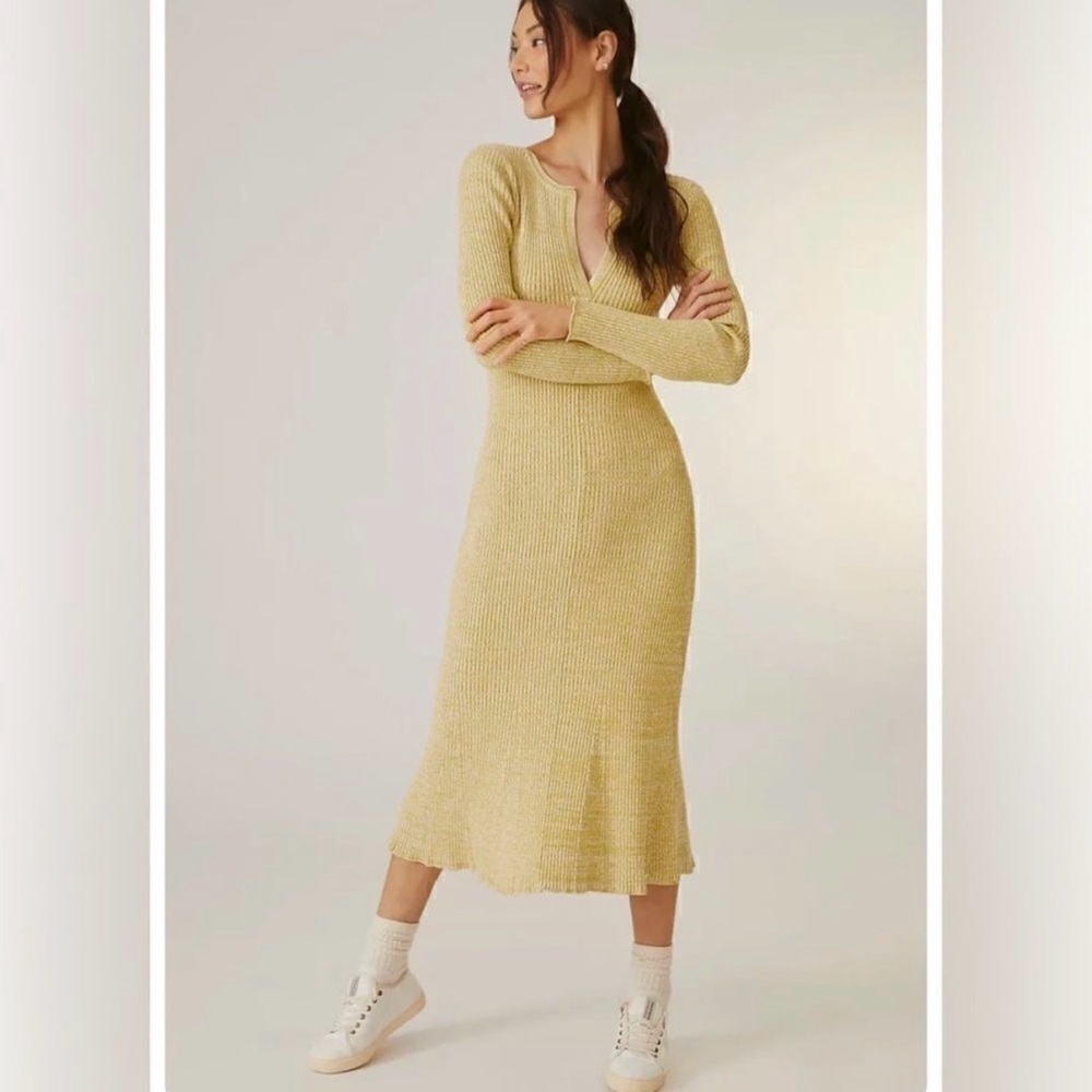 Daily Practice Anthropologie Alla Midi Dress Medium Yellow Ribbed Fall Lounge